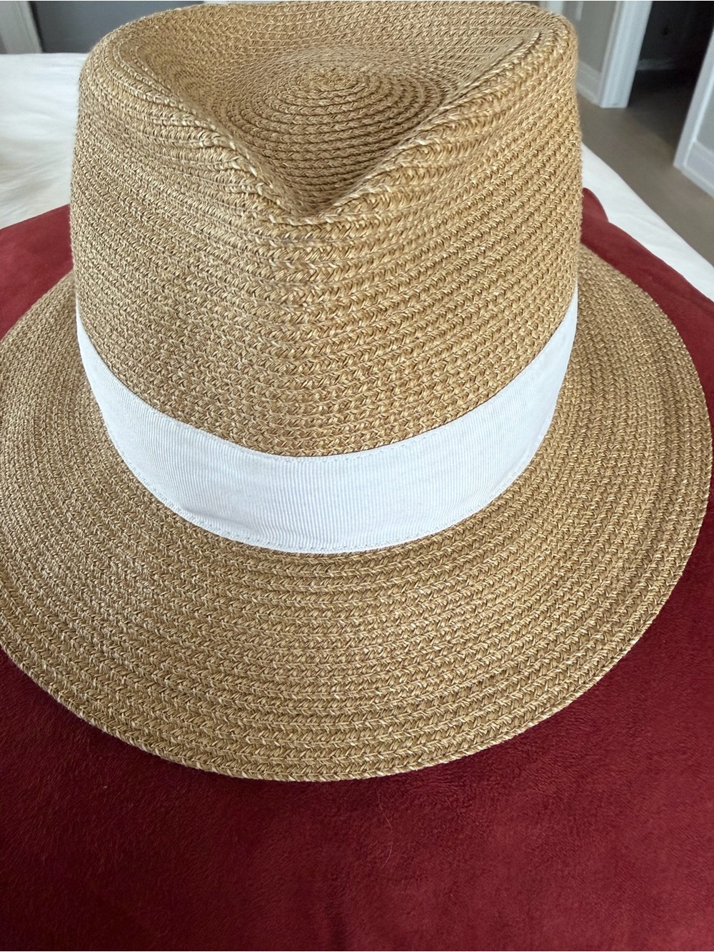 Eric Javits Tan Straw Fedora with White Band - Picture 4 of 9